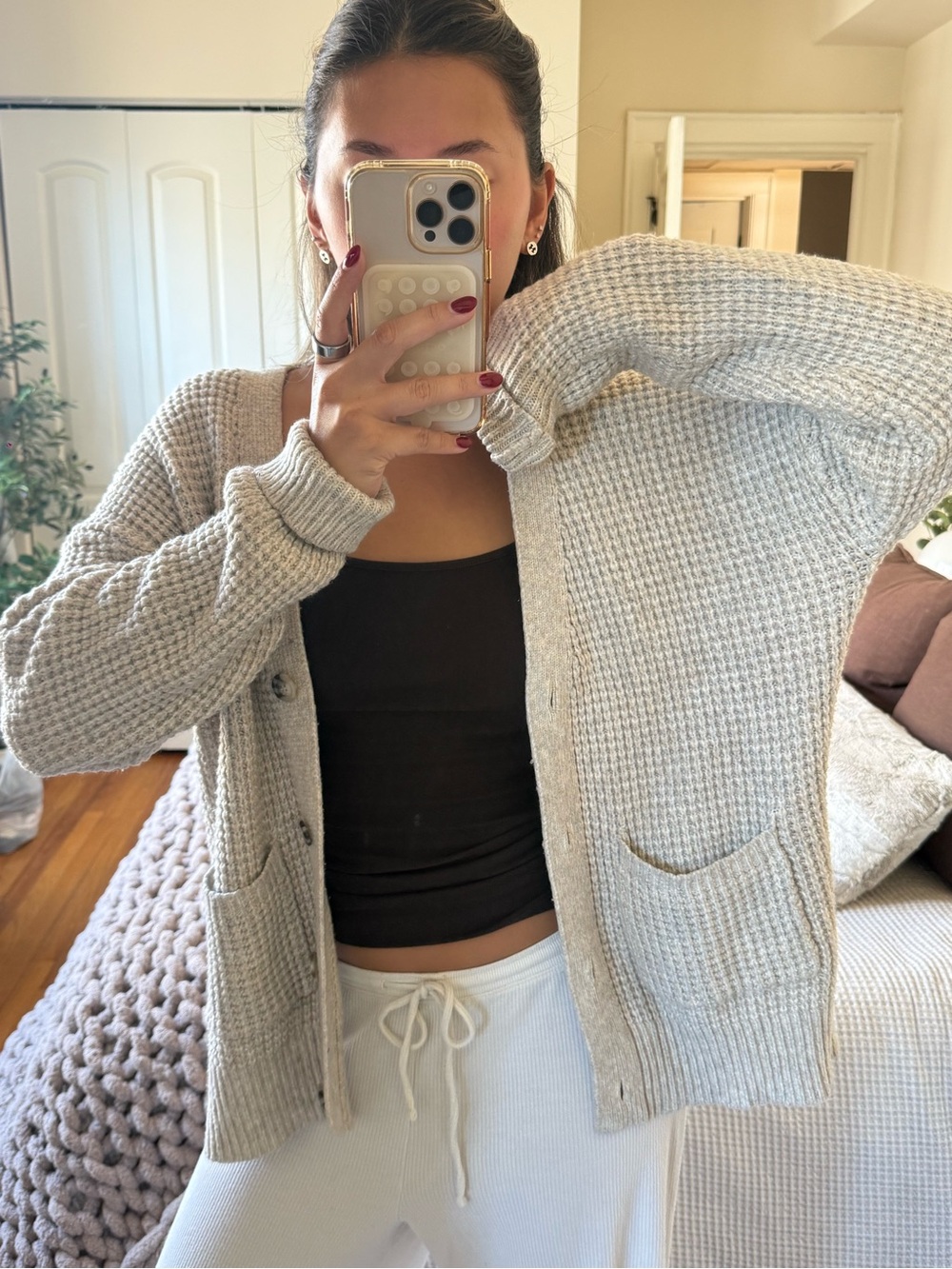 William Rast Light Gray Waffle-Knit Open Cardigan